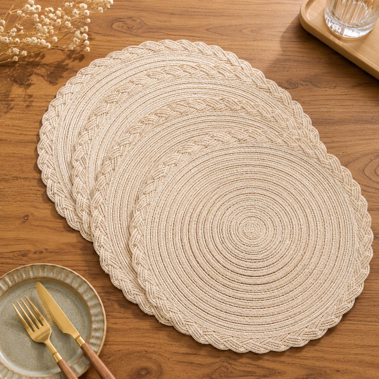 Runde Platzsets in Naturoptik für Boho-, Vintage- und Landhochzeiten.