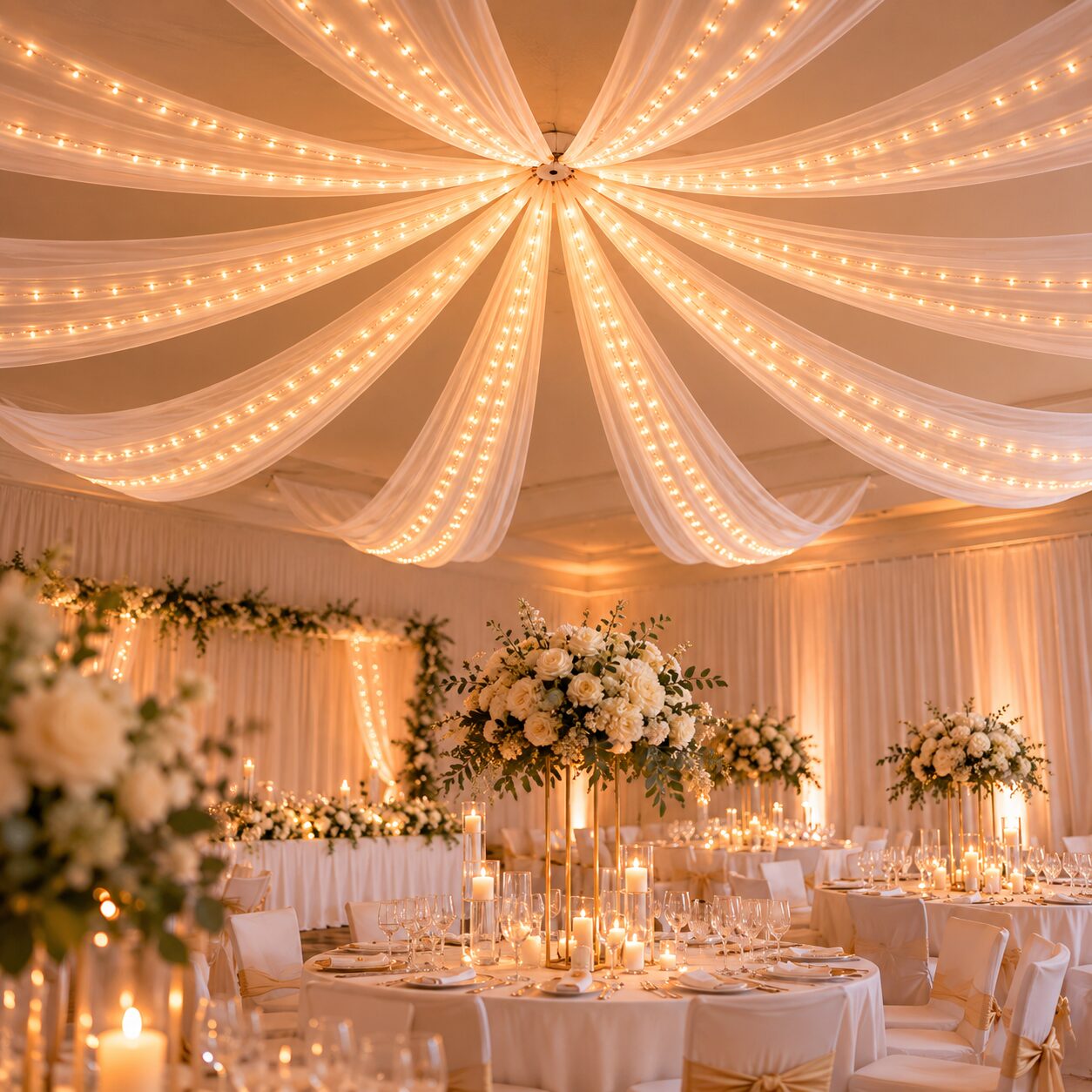 Sternförmige Deckendekoration mit Stoffbahnen und Lichterketten für Hochzeiten und Eventlocations.