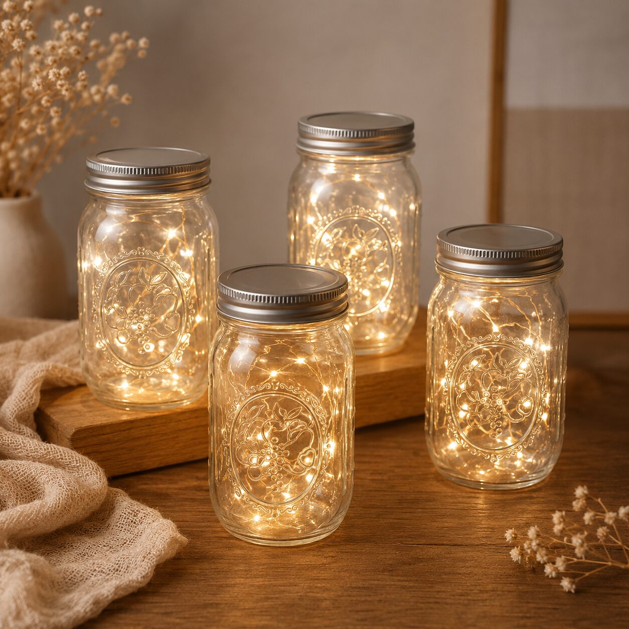 Dekorative Fairy Jars mit warmweißer Lichterkette für romantische Hochzeiten und Events.