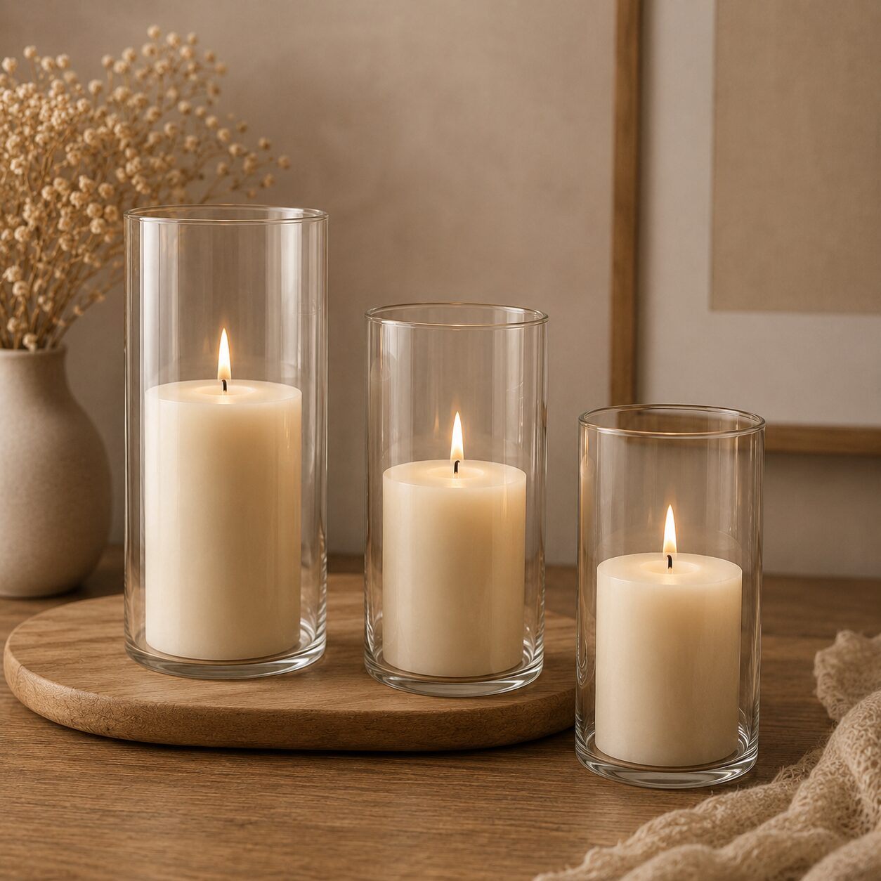 Glaszylinder im 3er Set für romantische Tischdekorationen bei Hochzeiten und Events.
