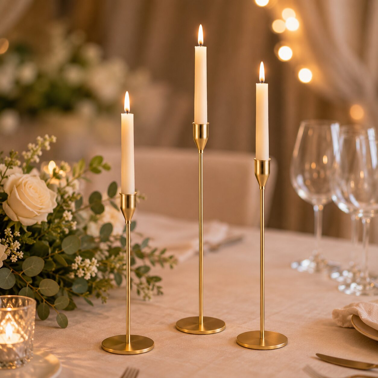 Goldene Stabkerzenhalter für romantische Tischdekorationen bei Hochzeiten und Events