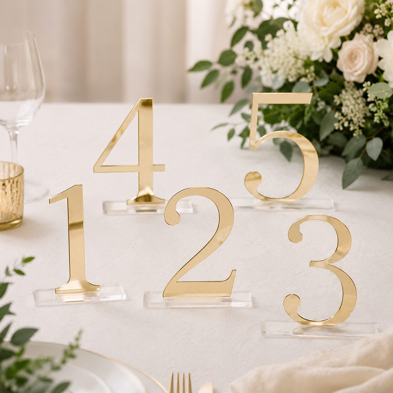 Elegante goldene Tischnummern für stilvolle Hochzeiten und festliche Veranstaltungen.