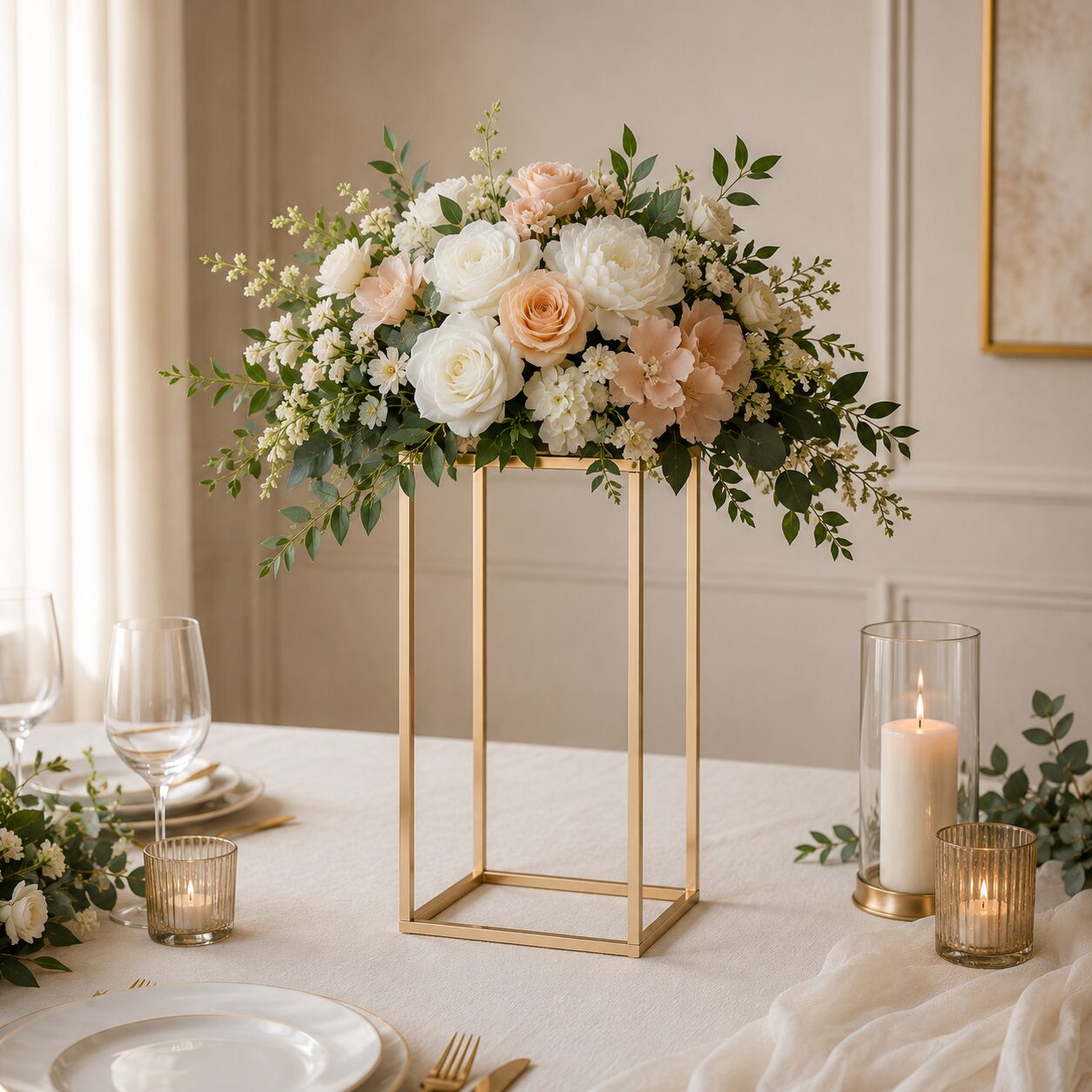 Goldene Blumenständer für beeindruckende Hochzeitsdekorationen und florale Tischarrangements.