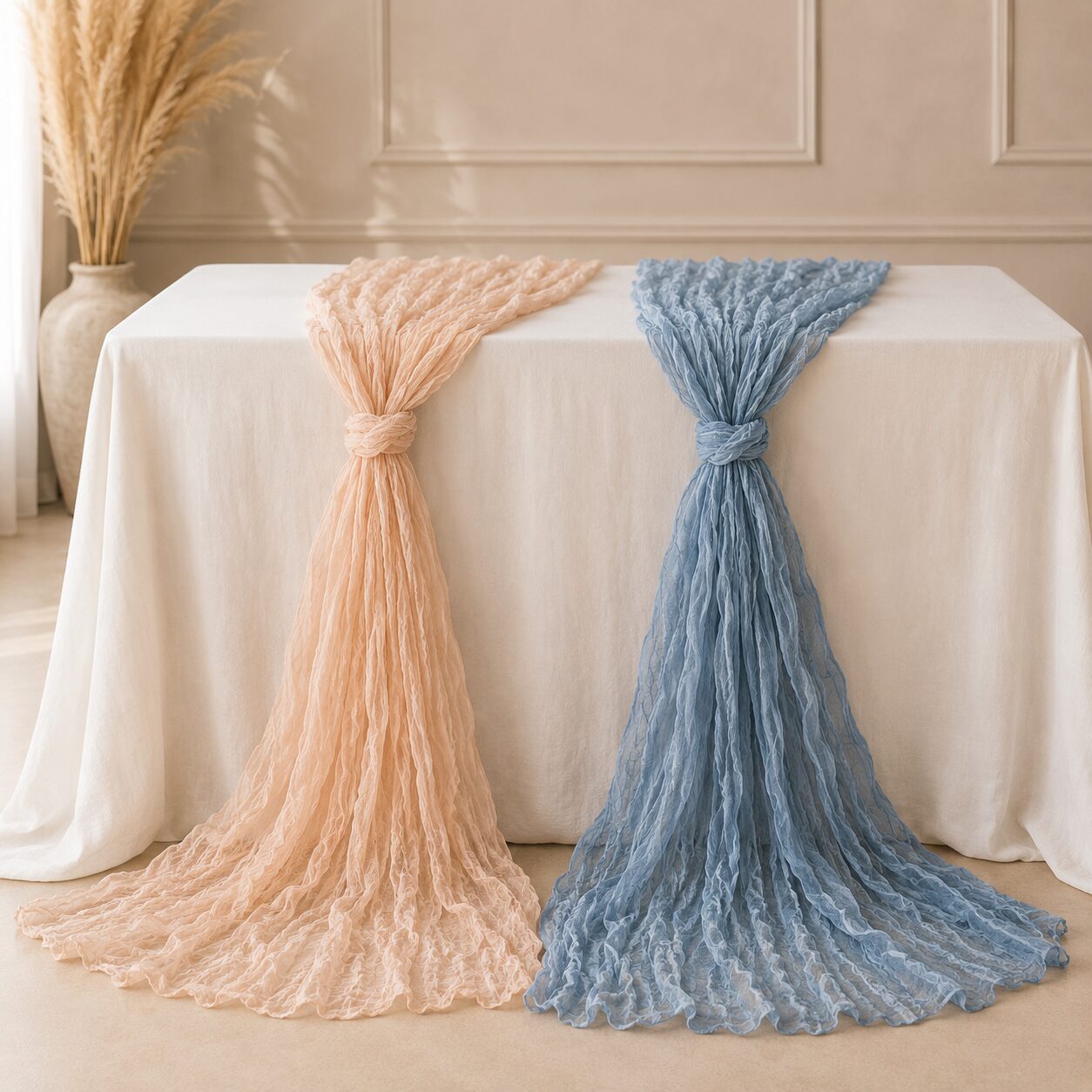 Dekorative Käsetücher in Peach und Dusty Blue für Boho-Hochzeiten und elegante Tischdekorationen.