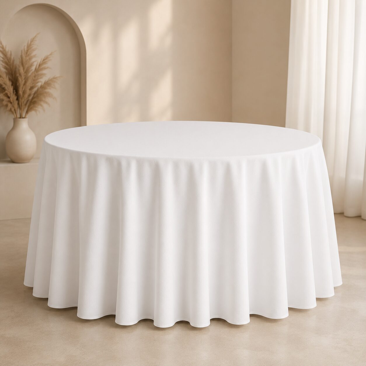 Runde weiße Tischdecke für Hochzeiten und Events zur Miete bei Cinderella Wedding Events in Thüringen.