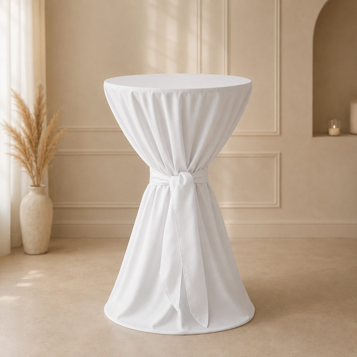 Weiße Stehtischhussen für Sektempfang, Hochzeit und Event – Vermietung durch Cinderella Wedding Events.