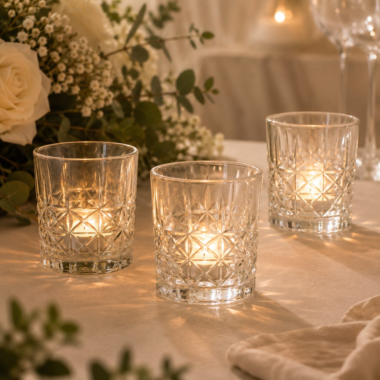 Teelichthalter aus Glas für romantische Tischdekorationen bei Hochzeiten und Events.
