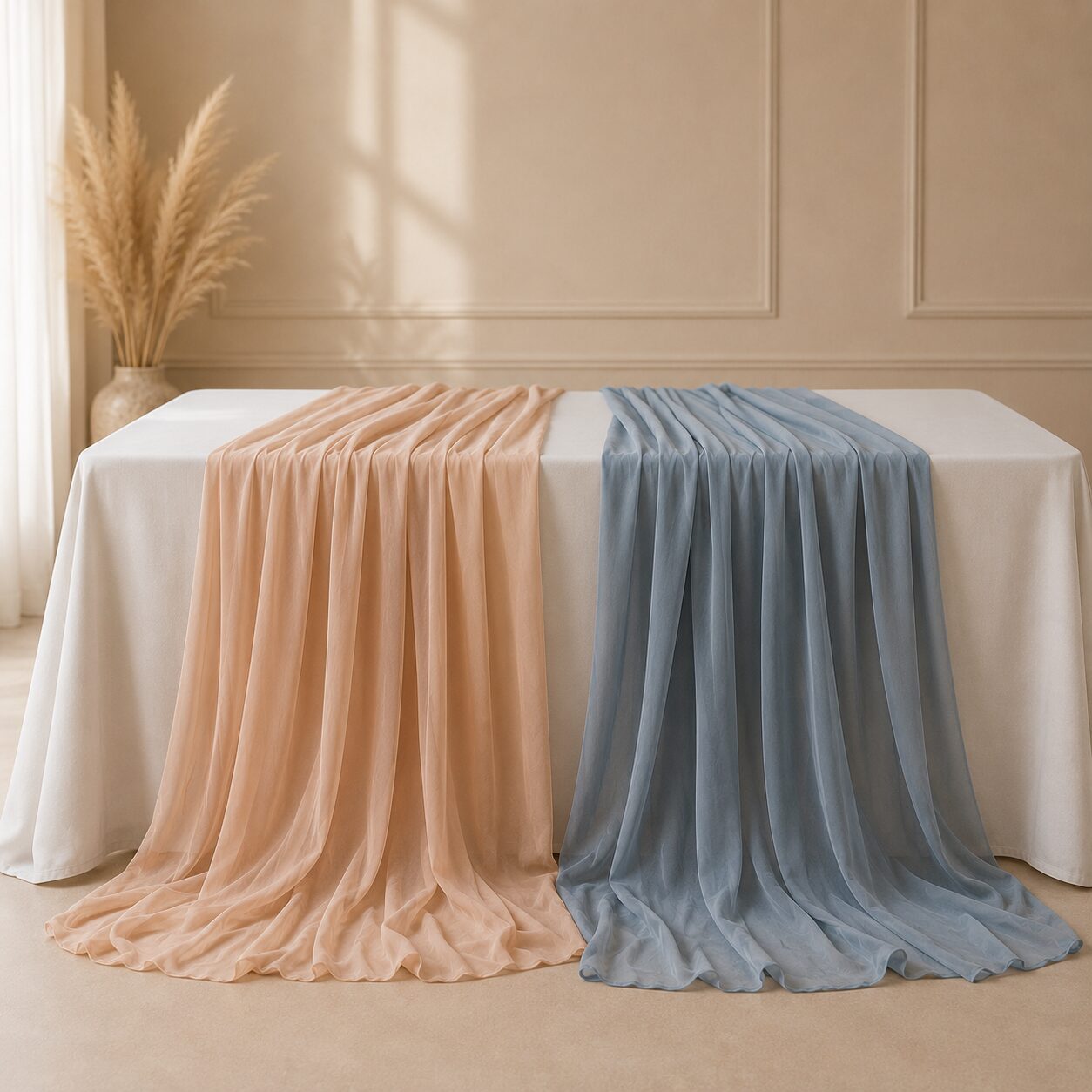 Hochwertige Tischläufer in Peach und Dusty Blue für romantische Hochzeitsdekorationen.
