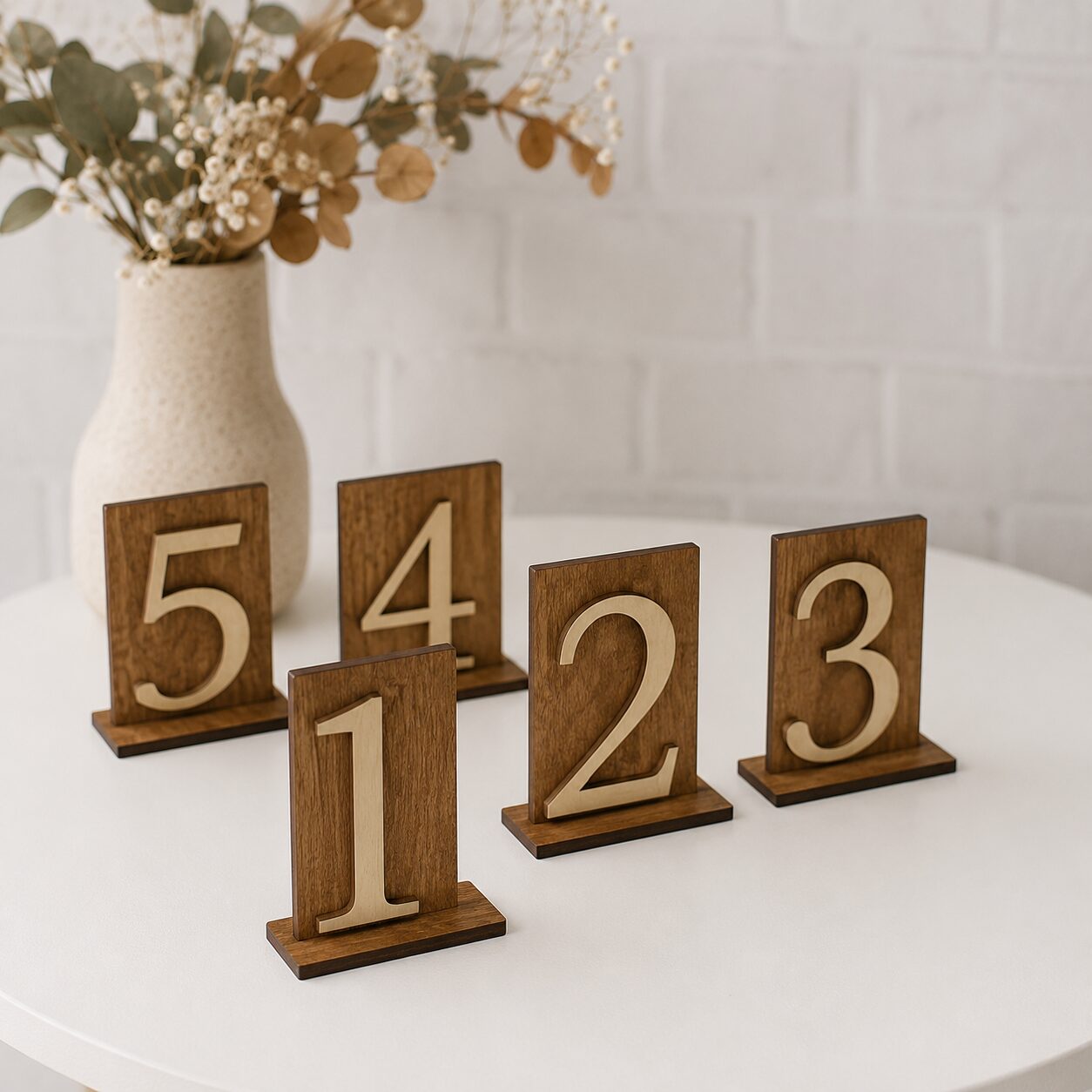 Rustikale Tischnummern aus Holz für Boho- und Scheunenhochzeiten.