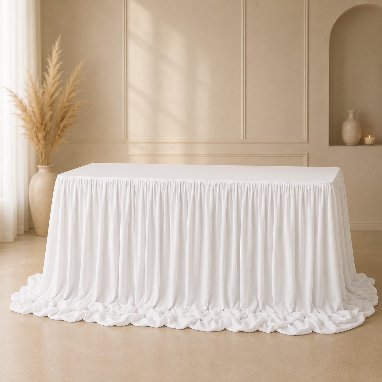 Weiße Tischskirting für Brauttisch, Geschenketisch oder Buffet bei Hochzeiten und Veranstaltungen.